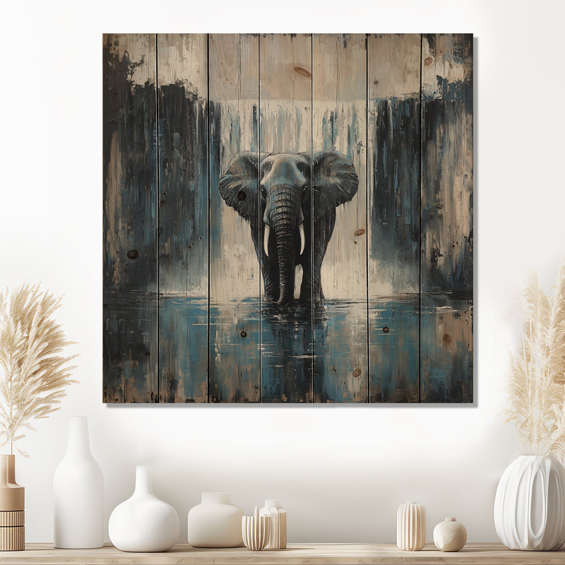 Éléphant monochrome et la chute d'eau I - Impression sur bois d'éléphant - sur bois de pin naturel