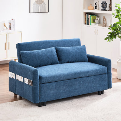 55.1" Blue Bed With Adjustable , Storage Pockets - Pull Out Ports And 2 Pillows For Living Room, Bedroom, Apartment Ports, Office