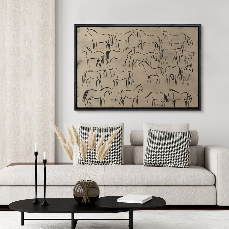 Galloping Herd of Horses Vintage Sketch Art Abstract Beige Neutral Decor Minimalist Modern Wall Art, Black, 24" H x 36" W