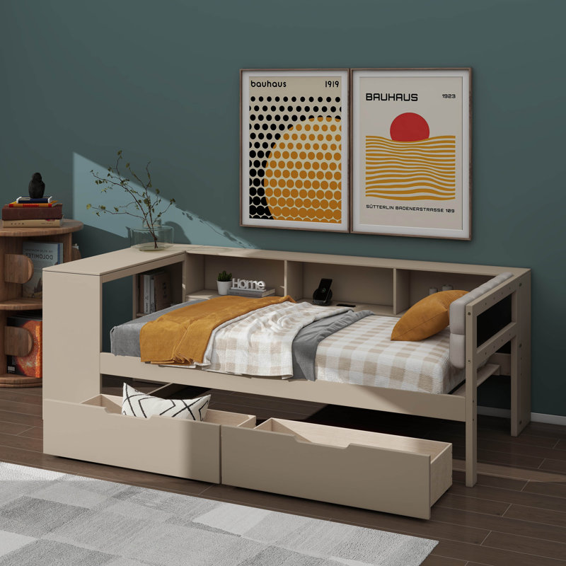 Lit plateforme avec tablettes, tiroirs, prise de recharge et tête de lit tapissier en tissu, Simple, Crème