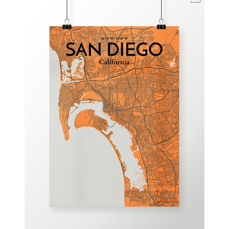 San Diego City Map 1 Piece Wall Art, 91.4cm H x 61cm W x 0.13cm D, Light Orange