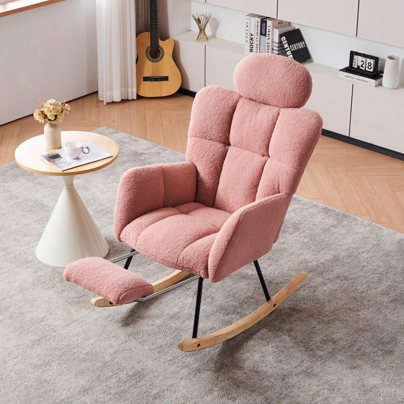 Fauteuil oscillant berçant en tissu avec coussins et repose-pieds Teddy, Rose