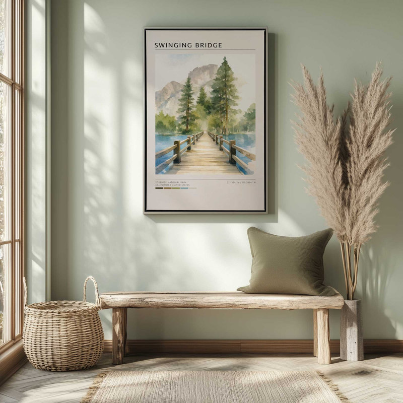 «Swinging Bridge, Yosemite», reproduction d'art sur toile, Cadre flottant en érable américain, 20 po x 30 po