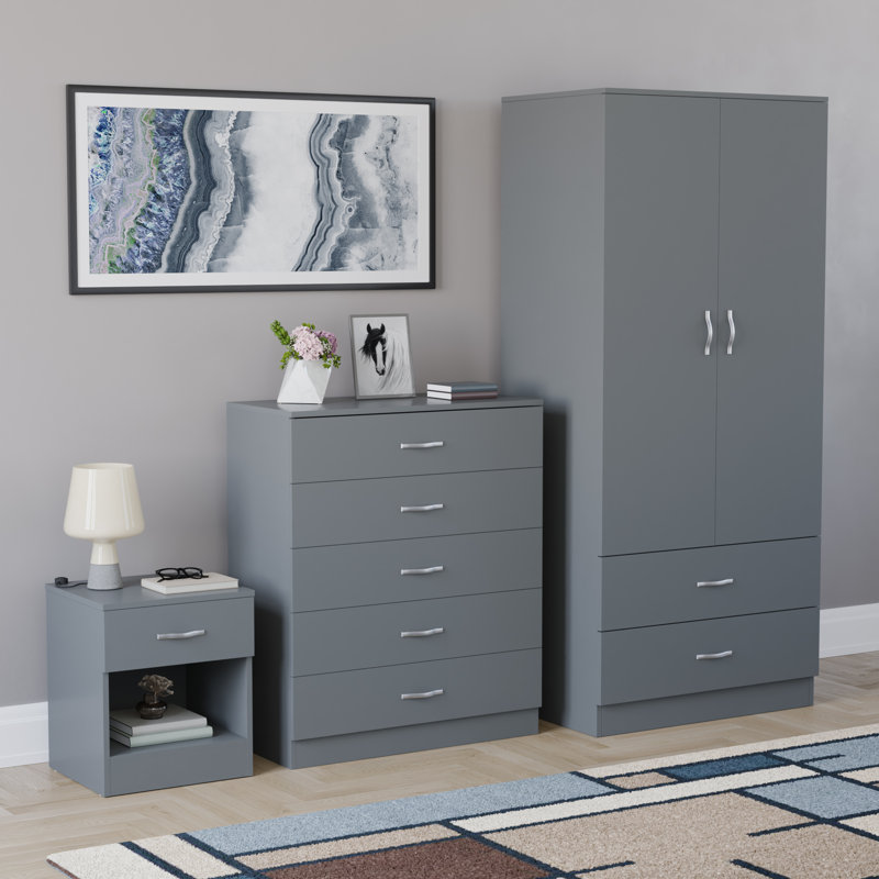 Maybery 3 Piece Bedroom Set (1 Drawer Bedside Chest, 5 Drawer Chest, 2 Door 2 Drawer Wardrobe), (4), Grey