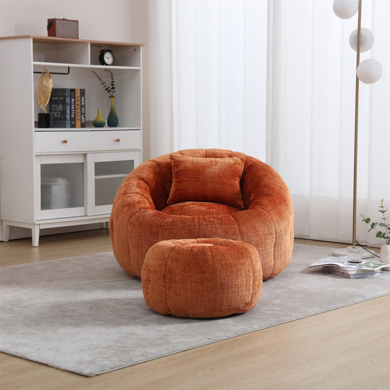 Fauteuil à billes moderne avec repose-pieds, coussin, Chenille orange