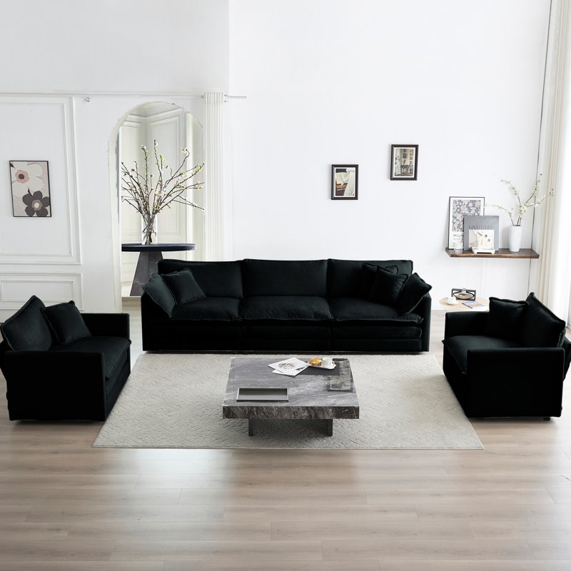 3 chenilles noires: support en bois massif, revêtement respirant, tissu confortable, Living