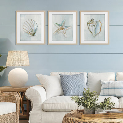 Muted Sea Life Serenity 3pc Framed Print Under Glass Set, design by Hannah Dawson