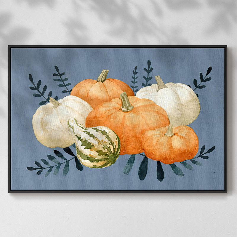Automne orange et bleus, toile tendue avec châssis en I, H 25 po x l 37 po x P 2 po, Noir