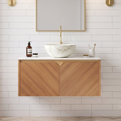 Meuble-lavabo mural moderne 36 po en chêne brun avec lavabo en céramique bol blanc à motif de pierre, plateau en pierre frittée, armoire de rangement en contreplaqué avec portes doubles en sergé