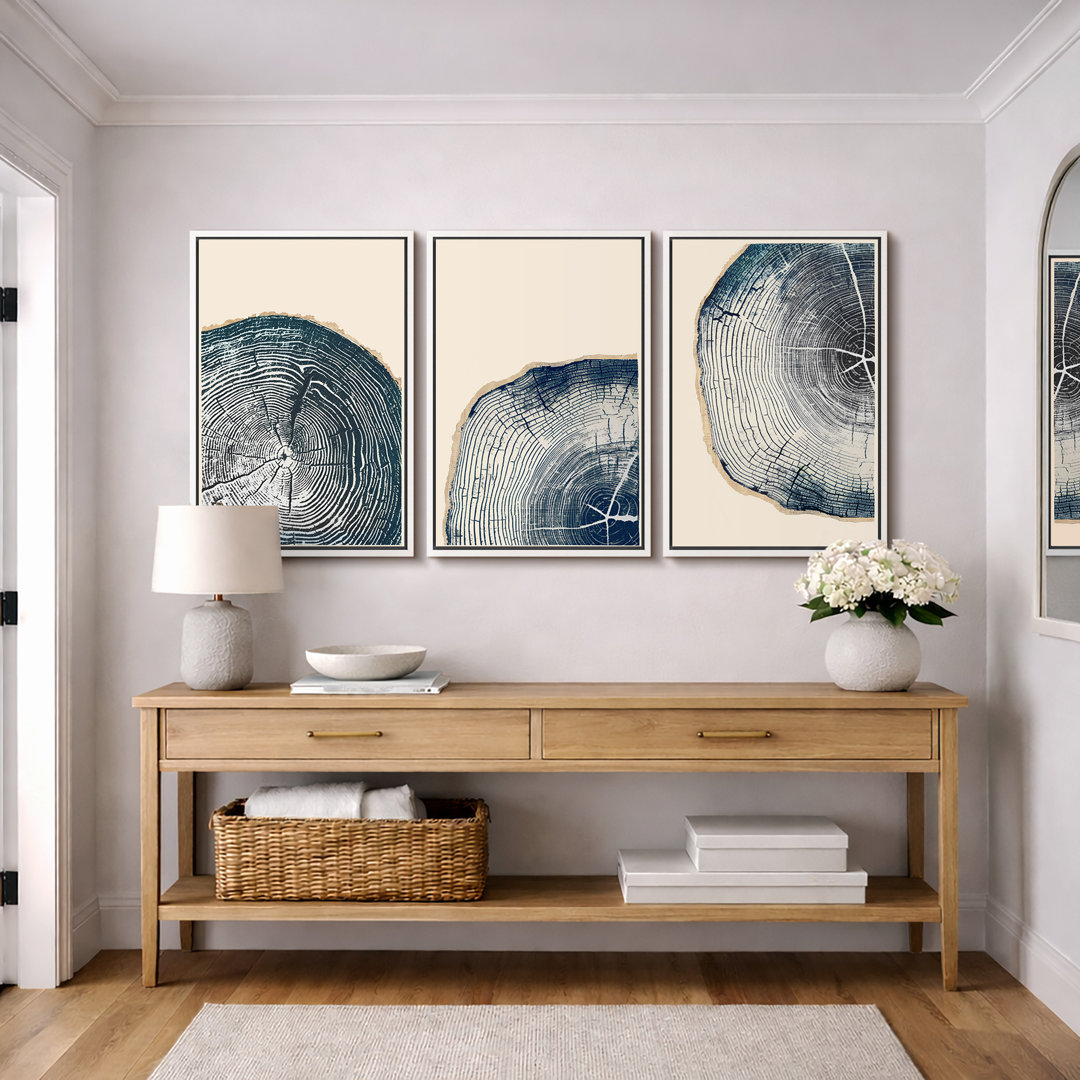 Tree Ring " Navy Blue Wood Stump Contemporary Large Framed 3 Pieces Canvas Digital Print Wall Art IDEA4WALL Frame 