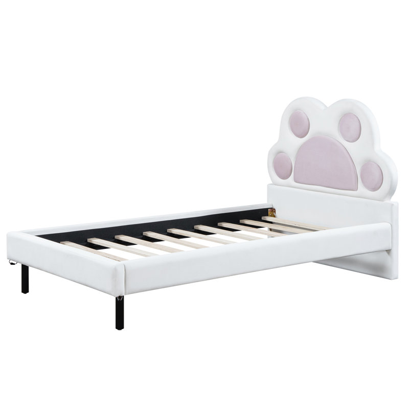 Lit plateforme simple tapissier avec tête de lit en forme de patte d'animal et DEL, rose