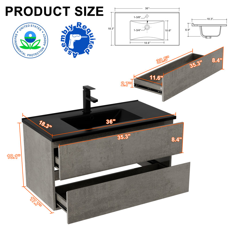 36" Wall Mounted Bathroom Vanity Set With Sink Top, Faucet, Gray Floating Cabinet, Epa Certified, 36"