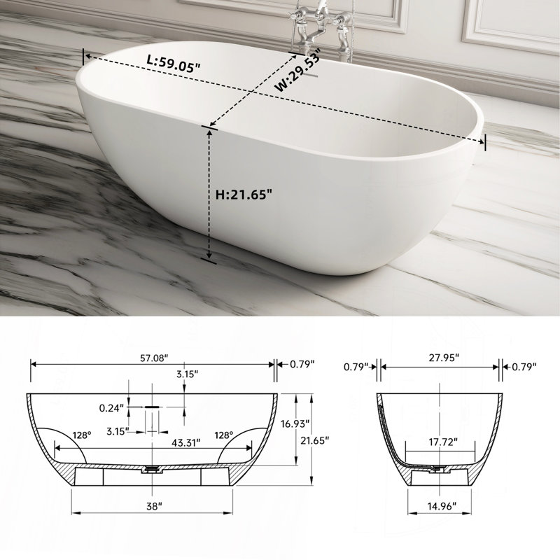 Baignoire de trempage à surface solide de 59 pouces - Baignoire profonde autoportante, Blanc mat