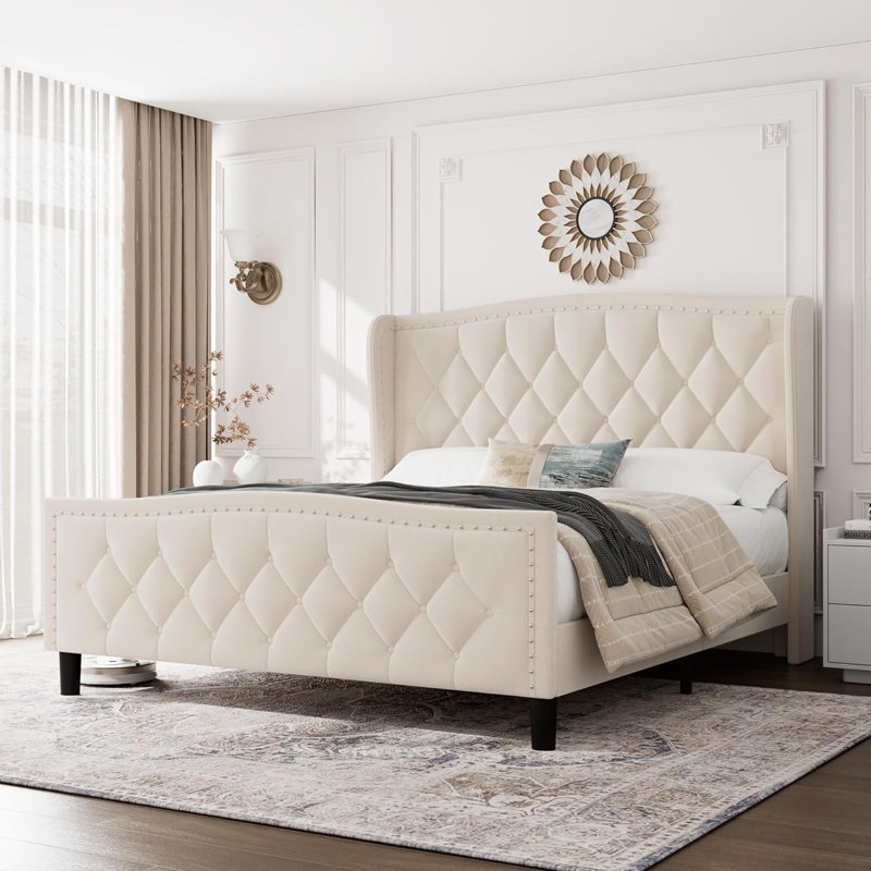 Lit plateforme tapissier en velours, aucun sommier nécessaire, Beige, Double