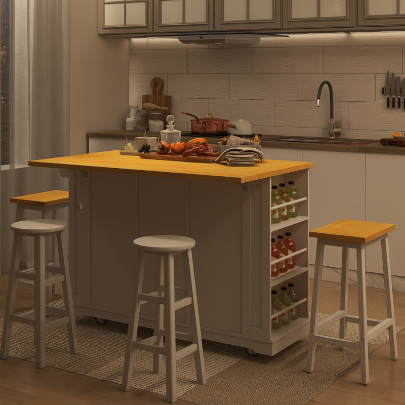 53" Drop-Leaf Countertop Kitchen Cart With Power Outlet And Spice Rack & Towel Rack, White