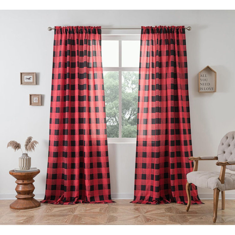 Paire de rideaux semi-transparents 2 panneaux Chionne, Rouge / noir, L 52 po x L 84 po