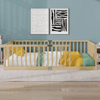 Twin Size Low-Profile Floor Bed With Raised Side Railings, 6 Slats, Rubber Wood Protective Guardrail, No Door Design