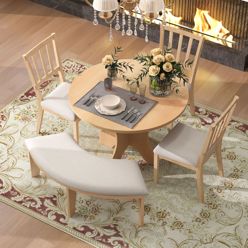 Modern Zanera 5-Piece Dining Table Set, 44" Round Dining Table with Curved Bench & Side Chairs,kitchen table set,dining table set,dining room set