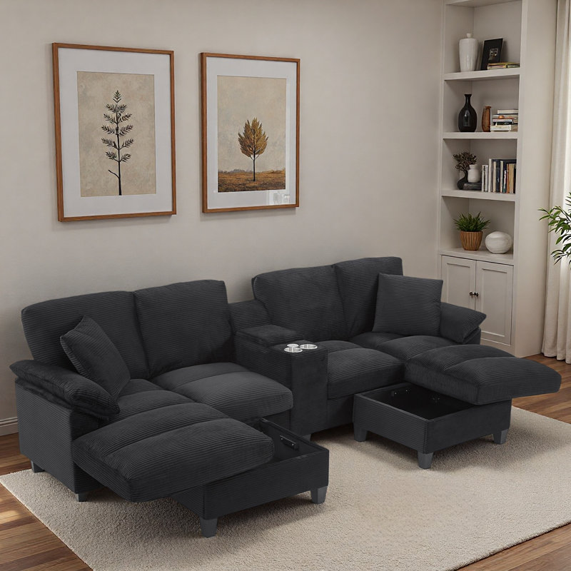 Canapé modulaire moderne en forme de U avec porte-gobelets, ports USB et repose-pieds avec rangement, Velours côtelé noir