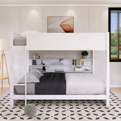 Wood Frame Queen Over Queen Size Bunk Bed With Storage Shelves And USB Ports