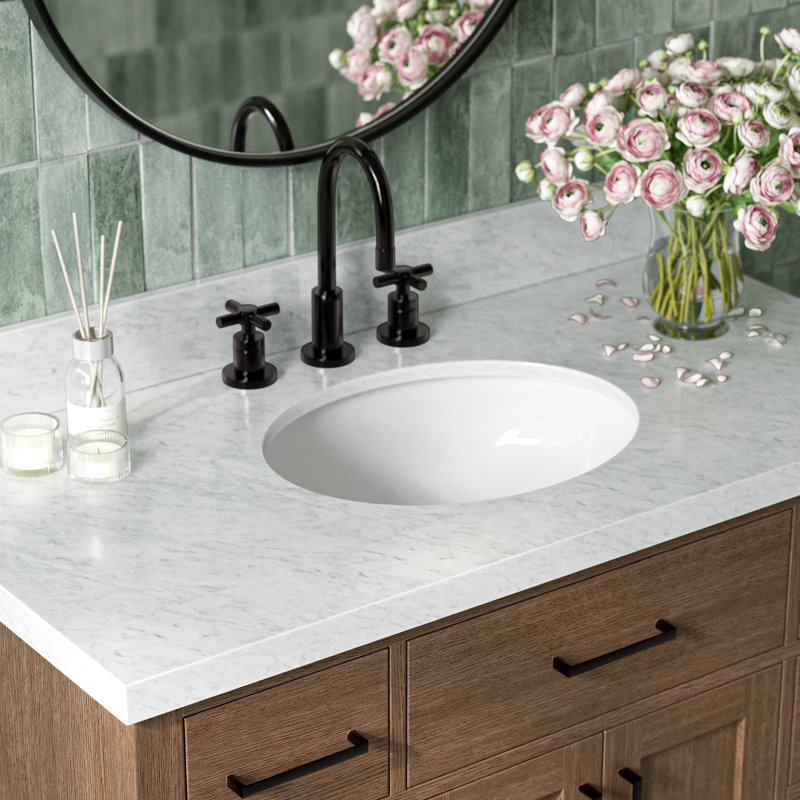 Meuble-lavabo simple en bois massif 42 po avec plateau en marbre Carrara de 1,5 po Thornaby, Ovale, Chêne brun / noir mat