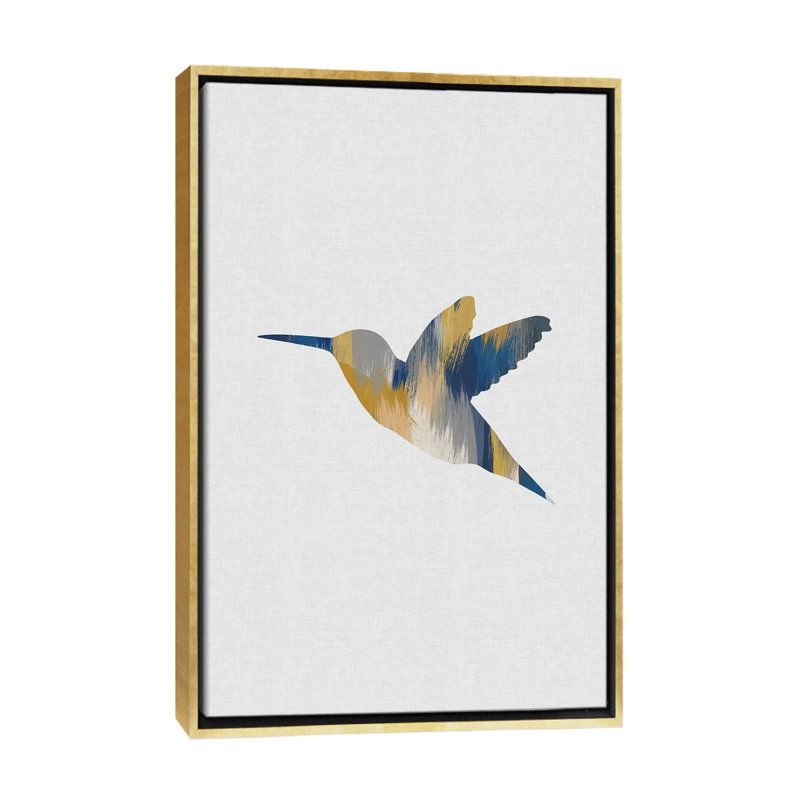 Colibri bleu et jaune I - impression d'art graphique, H 60 po x l 40po x P 1,5 po, Toile encadrée d'or