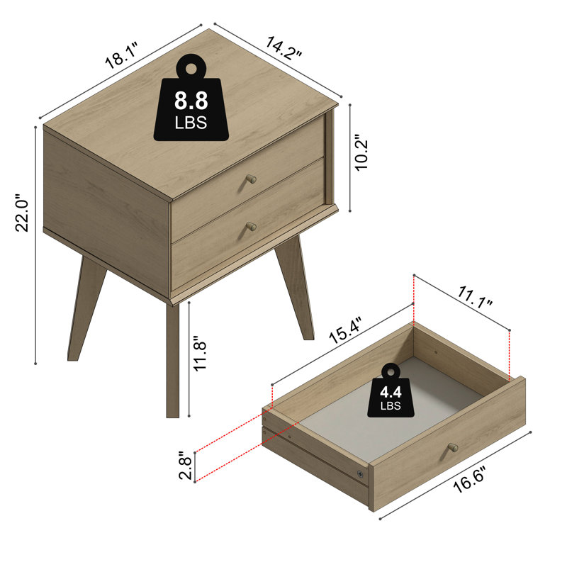 Branquinha Midcentury 3 Piece Bedroom Set, 2 Pcs: Headboard, Nightstand