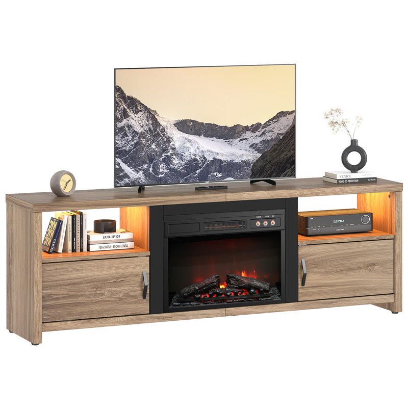 70" TV Stand With 23" Electric Fireplace For Tvs To 80", 3 Vintage Button Control Design, Over Heat Protection, Oak