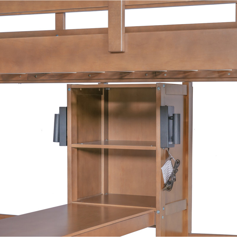 Lit superposé simple au-dessus de simple et simple avec bureau intégré et tablettes de rangement, lampe de lecture, 3 lits en 1, naturel