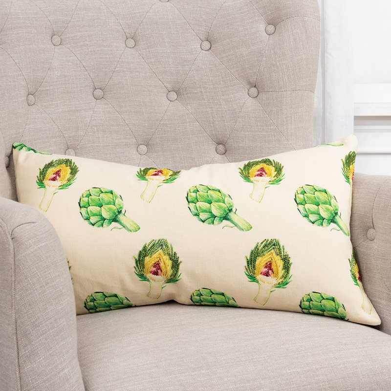 Coussin lombaire brodé Artichoke, Abstrait vert citron