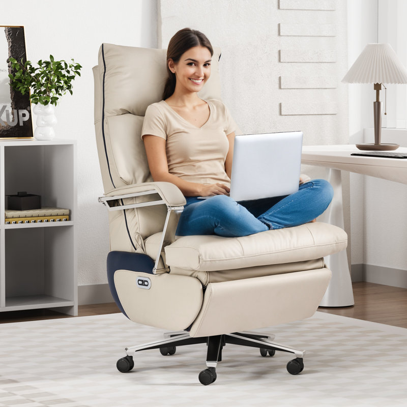 Modern Dual Motor Electric Executive Reclining Office Chair with Footrest – Wide Ergonomic Seat in Sleek PU Leather for Home & Work