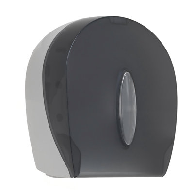 Distributeur de papier de toilette surdimensionné à rouleau, gris fumé semi-transparent, dimensions : largeur 26,9 cm x profondeur 13,7 cm x hauteur 28,7 cm
