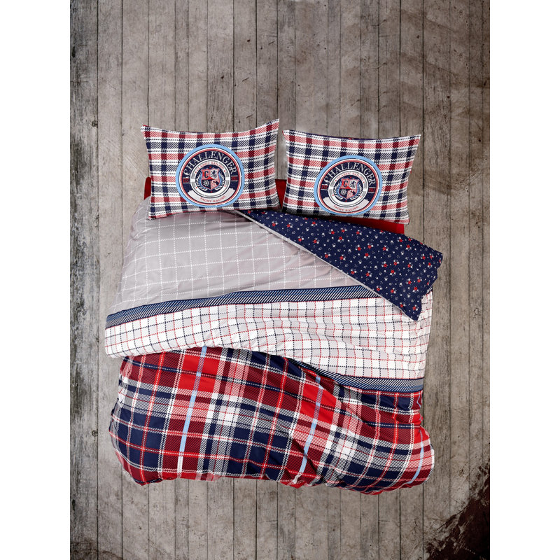 Ensemble de housse de couette 100% coton 4 pièces rouge / blanc / bleu Brantley