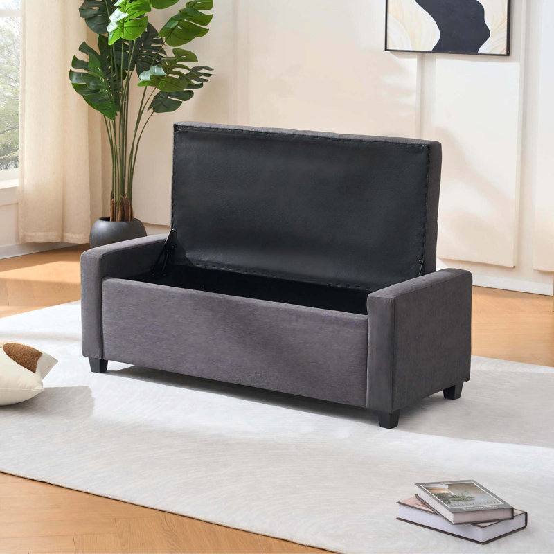 Banc de rangement 48 po en faux lin gris avec accoudoirs, tabouret de rangement intégré dans la chambre à coucher, Gray
