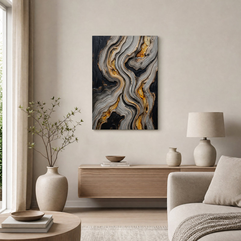 Tableau sur toile à grain de bois ondulé anthracite et résine ambrée, H 36 po x l 24 po