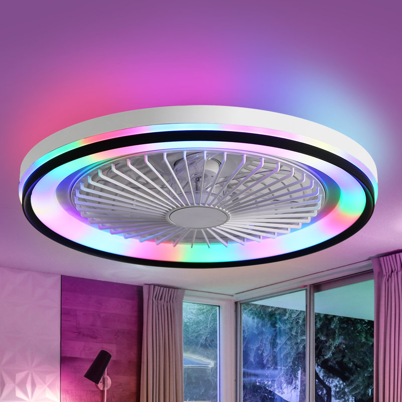 19" 7-ABS-Blade White Flush Mount Ceiling Fan Light With RGB Light, Remote Control, APP, Modern Small for Bedroom