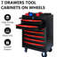 7 coffres à outils en acier - glissières à roulement, verrouillables, boîte de rangement roulante rouge et noire 7 tiroirs, roulement, construction stable