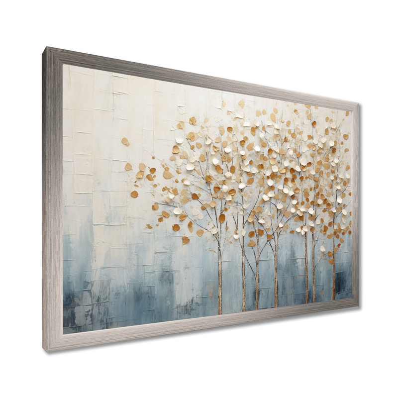 Harmonie d'arbres dorés et bleus V - Arbres, reproductions encadrées, H 24 po x l 32 po x P 1 po, Cadre simple argenté