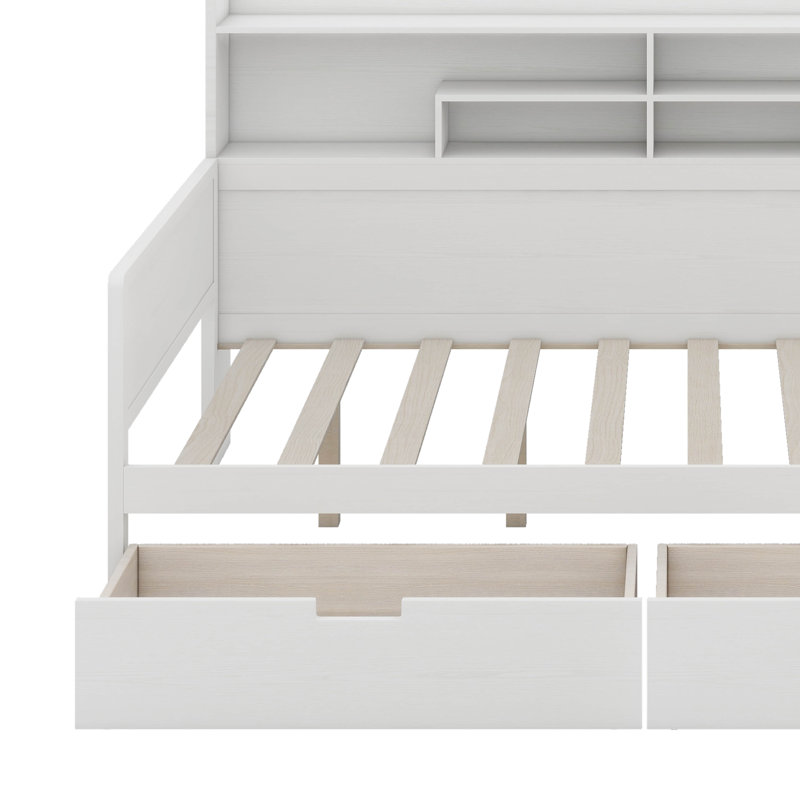 Wooden Full Size Daybed With Storage Shelves, Multi-Functional Bed With 2 Storage Drawers And Study Desk, Antique White