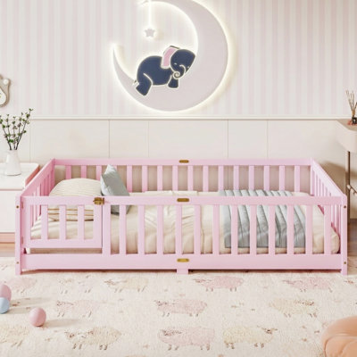 Full Size Floor Bed with Fence and Door,Rubber Wood Floor Bed with Safety Guardrails,Pink