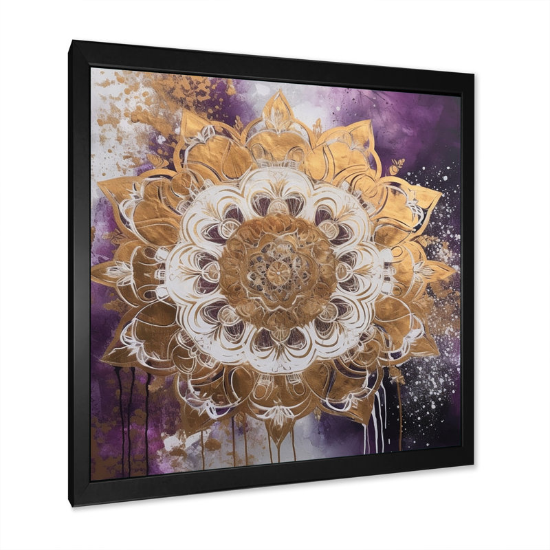 Mandala mauve et doré II sur toile, Cadre d'angle fermé noir, H 30 po x l 30 po x P 1 po