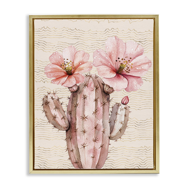  Art mural sur toile pastel cactus avec fleurs, H 21 po x l 17 po, Cadre flottant métallique doré