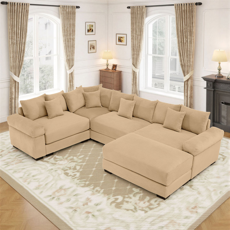 116.9" Corduroy Sectional Corner Sofa 5 Piece Oversized Modular Deep Seat Cloud Couch With Upholstered Movable Ottoman