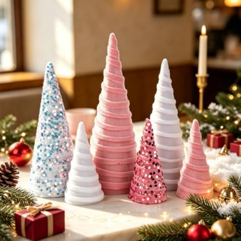6 décorations d'arbre de Noël en forme de cône de Noël en velours rose et blanc de 6 pièces pour table de Noël décorative de Noël