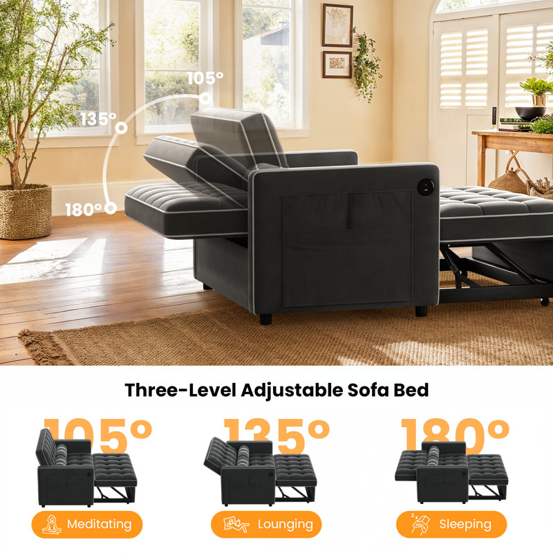 Brittany  3 in 1 Pull Out Sofa Bed with Adjustable Backrest, 70" Convertible Loveseat Velvet Sleeper Sofa with USB Port, Side Pockets & Cylinder Pillows for Living Room Apartment