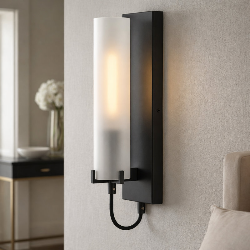 Ryden Single Light Wall Sconce with Etched Glass Cylinder Shade, Black