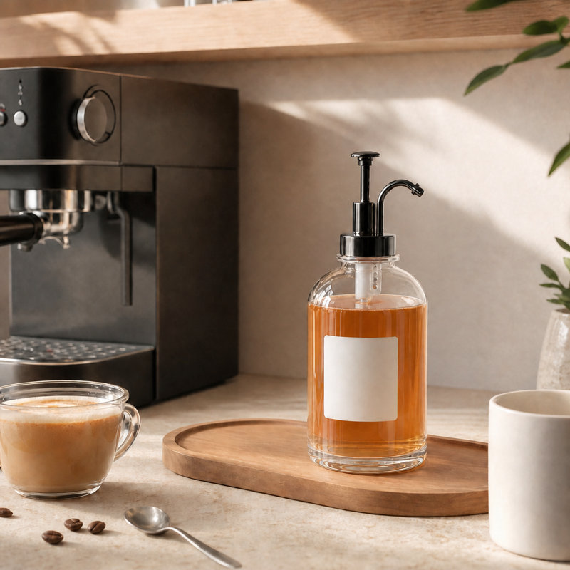 Ensemble de distributeur de sirop de café, paquet de 4 bouteilles en verre de 16,9 oz avec pompe et étiquettes pour bar à café et café