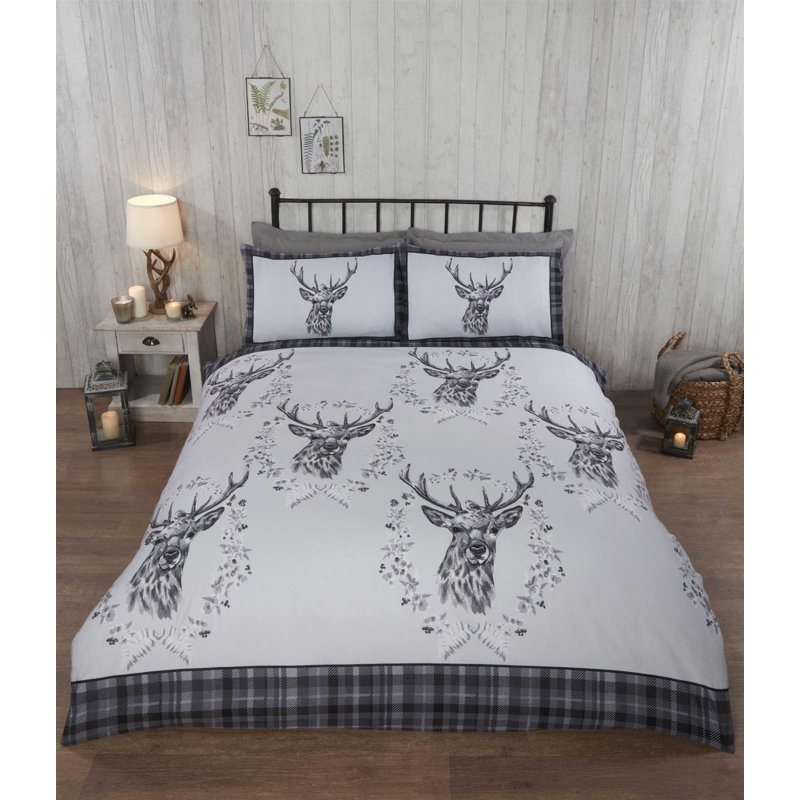 Stag & Wreath Winter Brushed Cotton Duvet Cover Set, Grey, Single Duvet Cover + 1 Standard Pillowcase