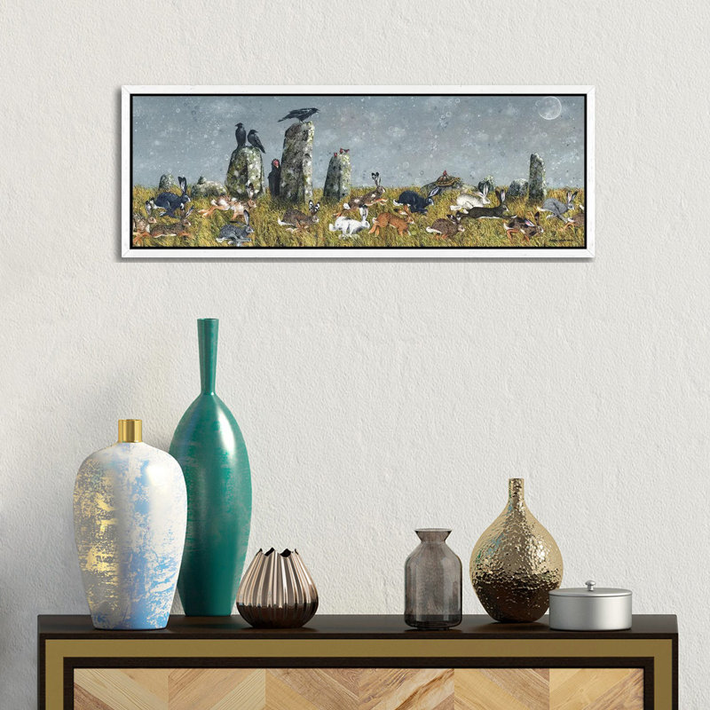 The Running Of The Hares by Maggie Vandewalle - Panoramic Painting on Canvas, 30.48 cm H x 91.44 cm W, White Framed