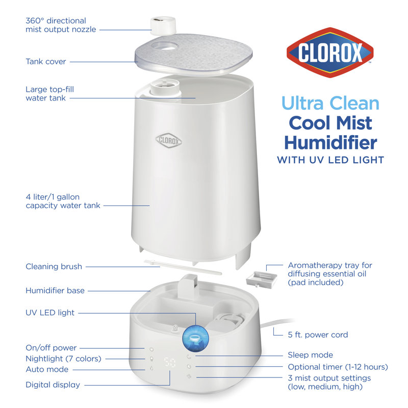 White Ultrasonic Cool Mist Humidifier with UV LED Light